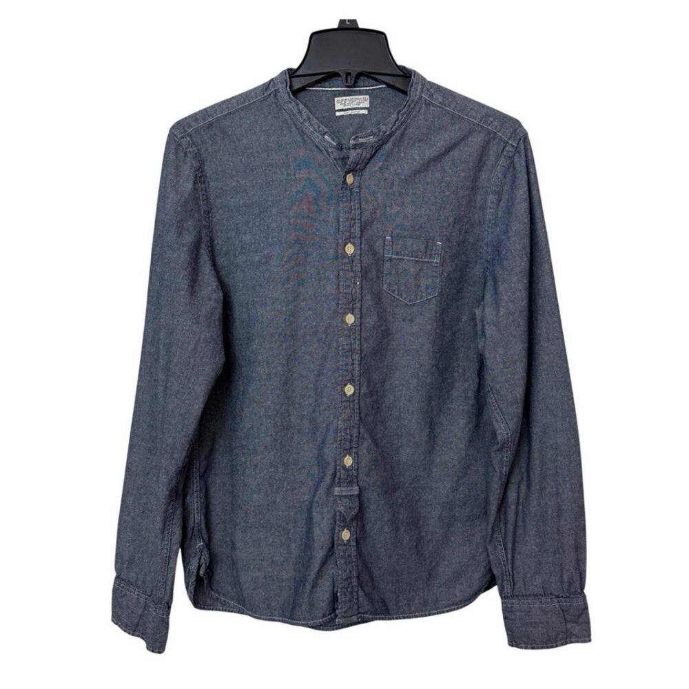 AllSaints Spitalfields Shirt Mens M Blue Chambray Button Up Band Collar